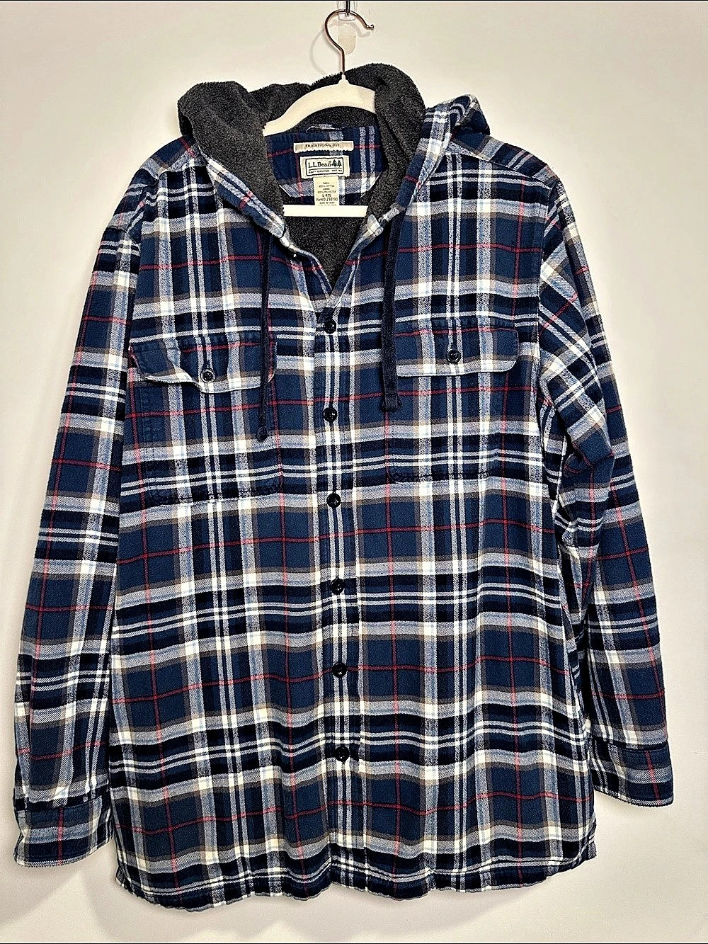L.L.Bean Traditional Fit Fleece-Lined Flannel Hooded Shirt Jacket Blue & White